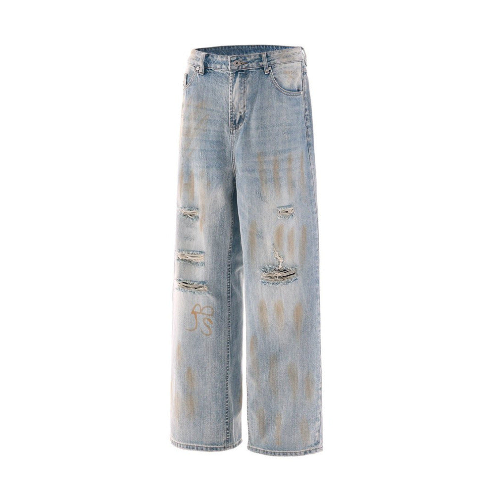 Ripped Wide-Leg Jeans – Men's Mud-Dye Distressed Straight Denim