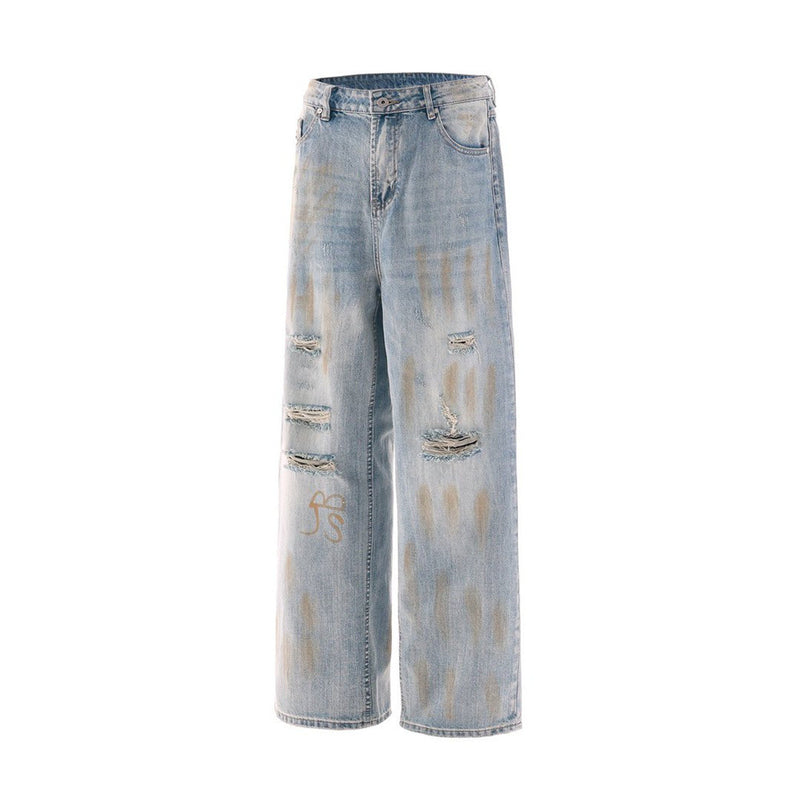 Ripped Wide-Leg Jeans – Men's Mud-Dye Distressed Straight Denim
