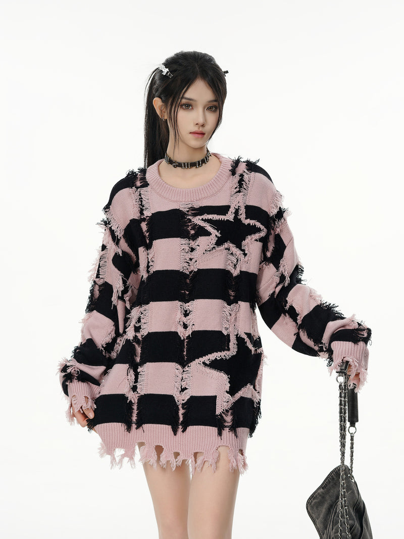 Pull oversize en maille rayée à étoiles délavée – Col rond à franges