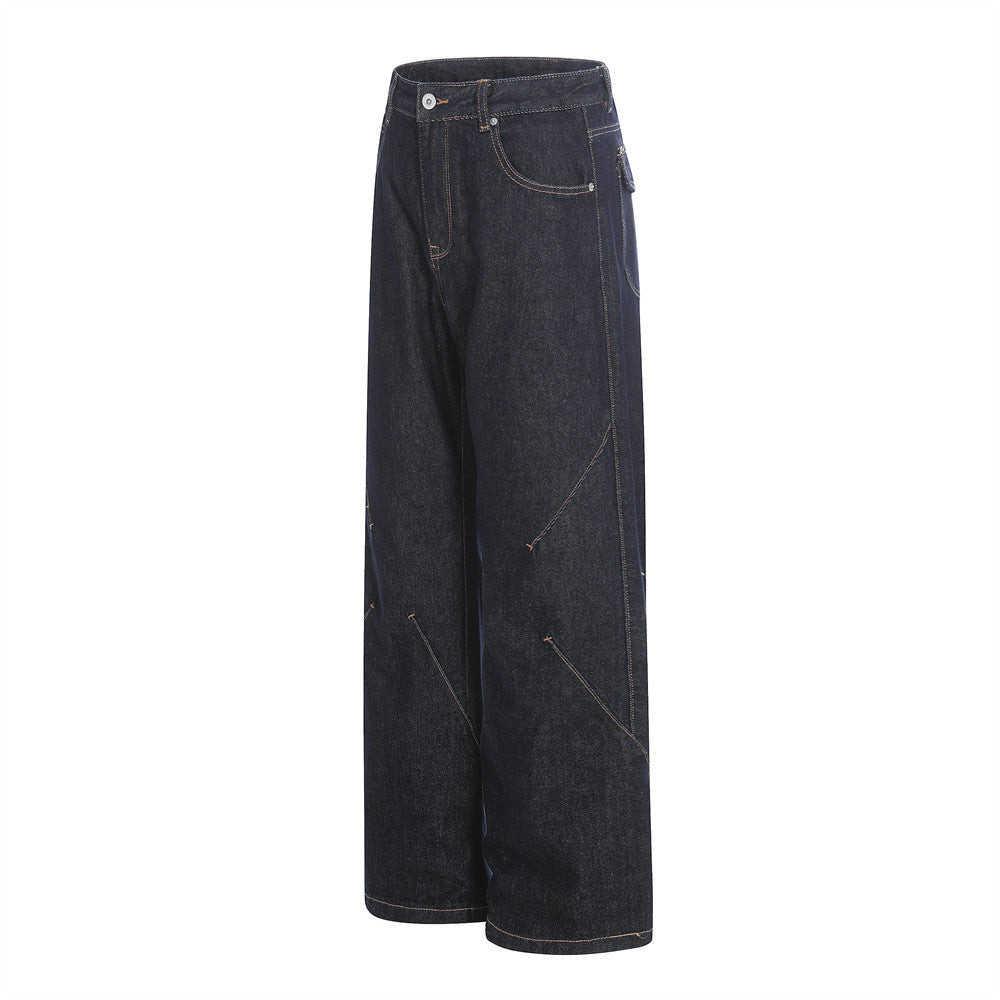 Wide-Leg Raw Denim Jeans – High Street Diagonal Seam Detail