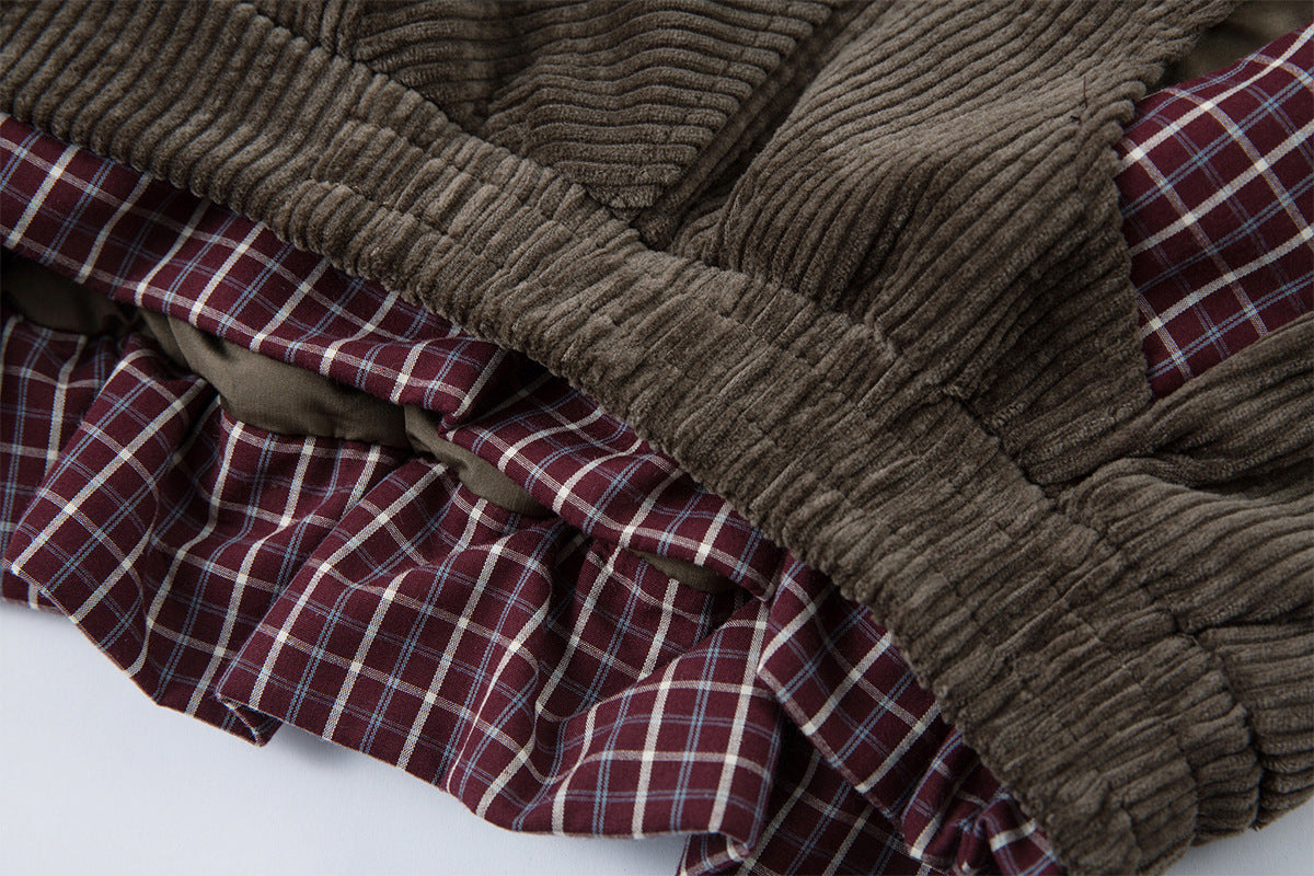 Corduroy Boxy Jacket with Plaid Contrast Lining – Retro American Style