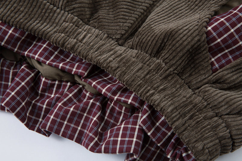 Corduroy Boxy Jacket with Plaid Contrast Lining – Retro American Style