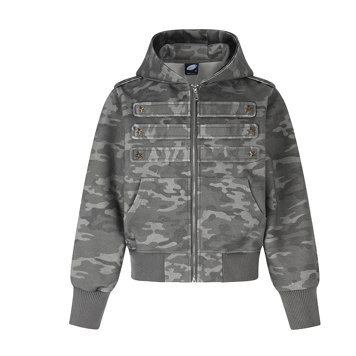 Military-style zip-up hoodie jacket with star stud embellishments and grey camouflage print, front view