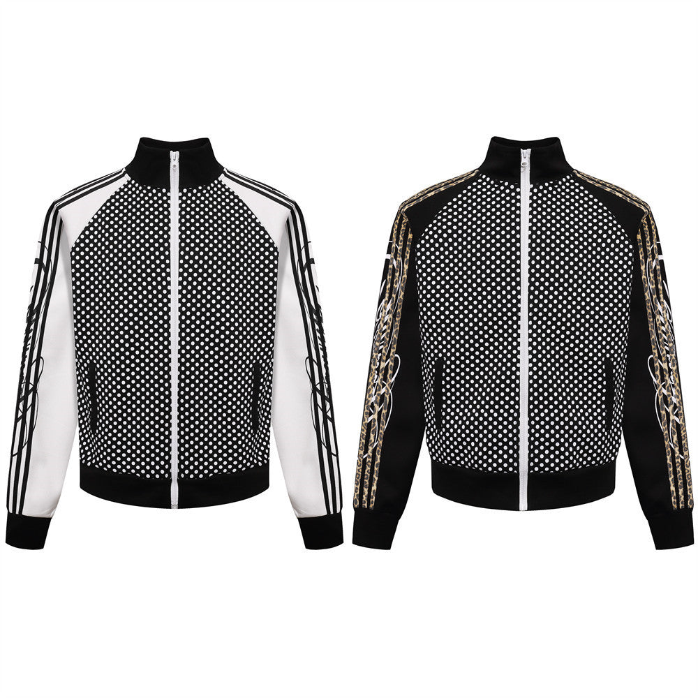 Men's Polka Dot Track Jacket – Stand Collar Full-Zip Sport Coat with Stripe