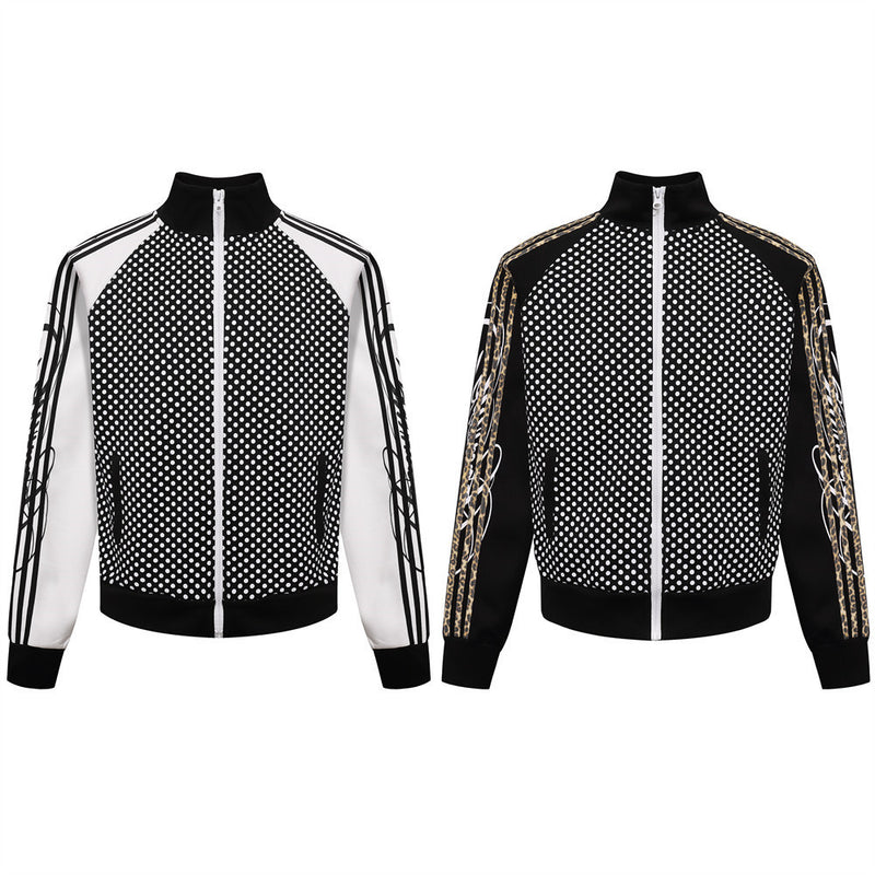 Men's Polka Dot Track Jacket – Stand Collar Full-Zip Sport Coat with Stripe