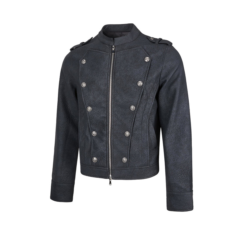 Military-Style Faux Leather Jacket with Double-Breasted Buttons & Zip Front