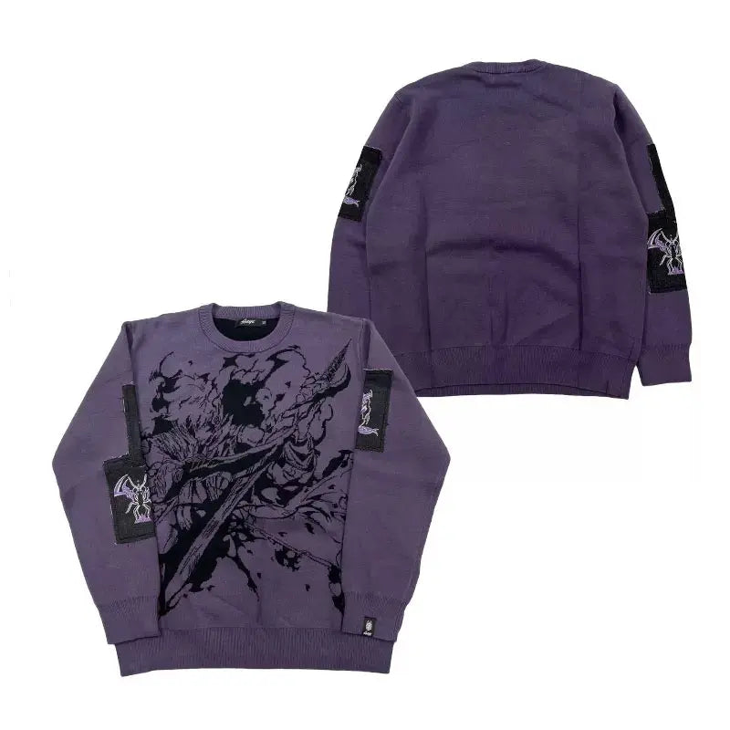 Dark Anime Demon Warrior Oversized Knit Sweater with Woven Patch Detail