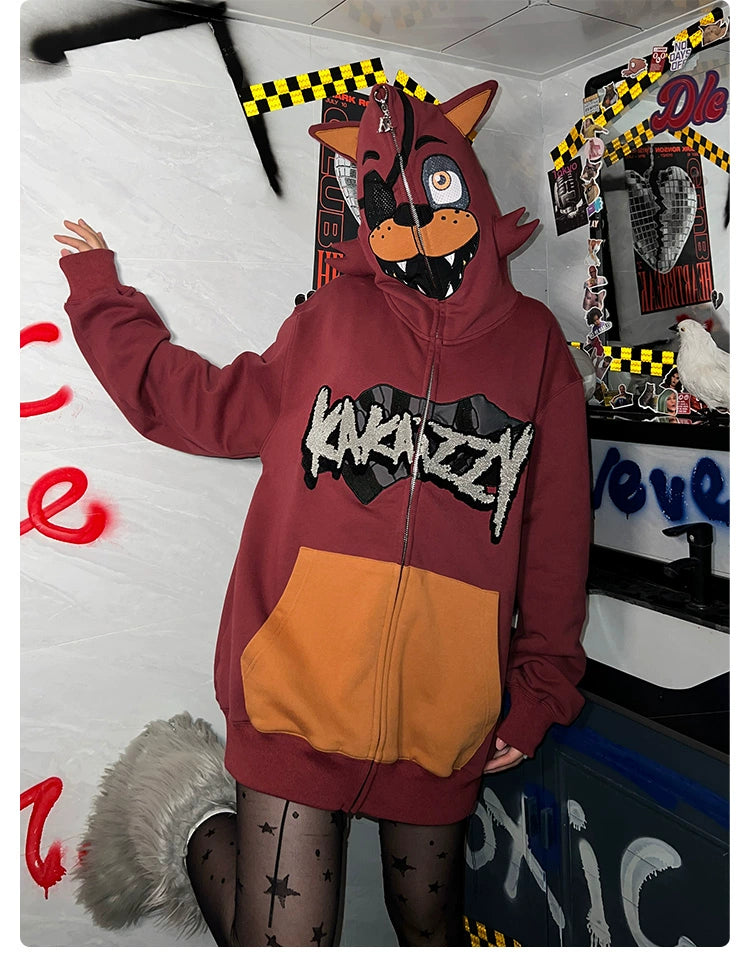 Foxy-Inspired Hoodie - 400GSM Oversized Red Zip-Up Five Nights at Freddy&