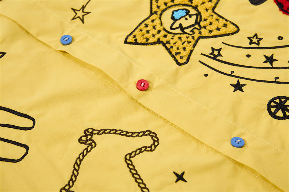 Cartoon Embroidered Short Sleeve Shirt – Oversized Streetwear Button-Up