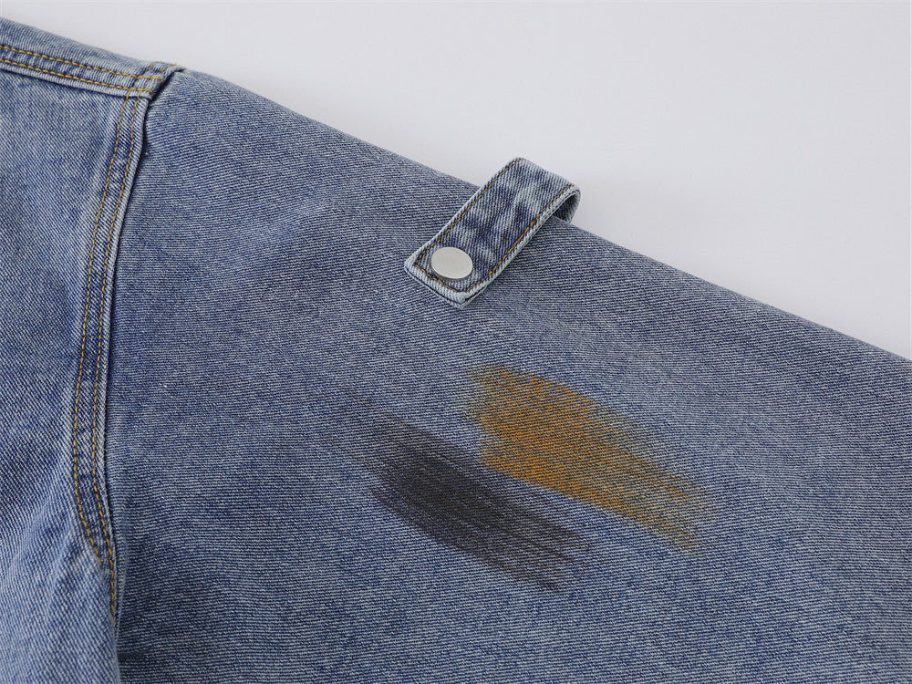 Oversized Black Denim Jacket – Floral Embroidery & Washed Distressed Finish