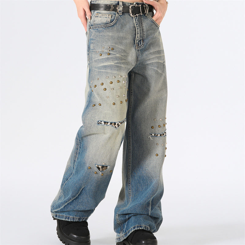 Wide-Leg Distressed Jeans with Studs & Leopard Patches — Men's American Street