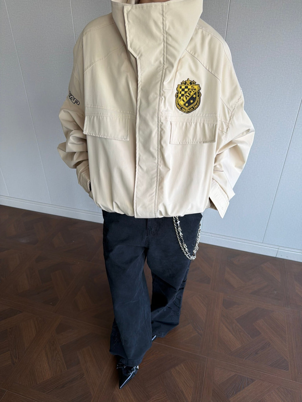 Oversized Harrington Jacket with Embroidered Badge Patch