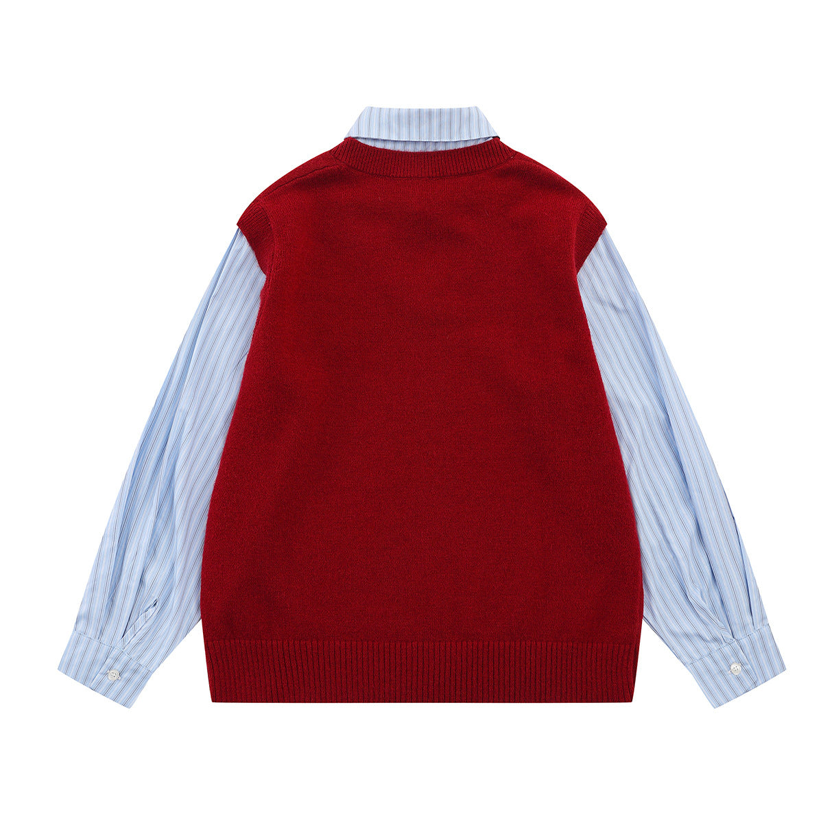 Campus-Style Knit Sweater Vest Layered Shirt with Badge Patch and Striped Tie