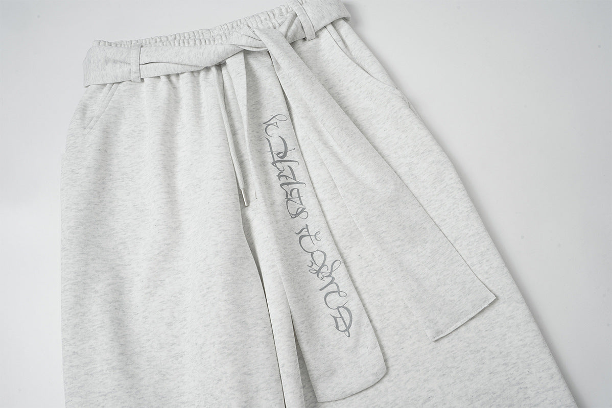 Wide-Leg Sweatpants with Belt Sash and Script Logo Print
