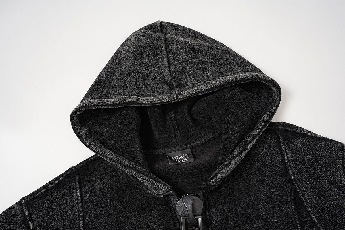 Oversized Acid Wash Zip-Up Hoodie – Heavyweight Fleece-Lined Men's Hooded Jacket