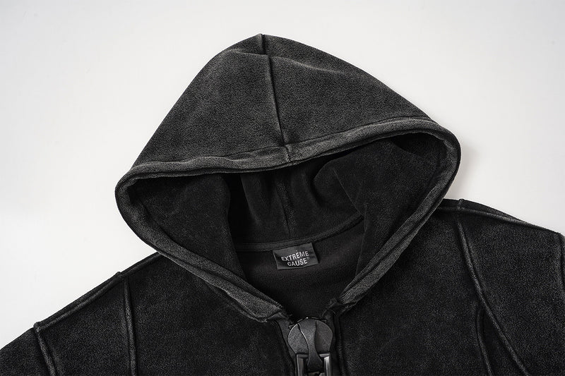 Oversized Acid Wash Zip-Up Hoodie – Heavyweight Fleece-Lined Men's Hooded Jacket