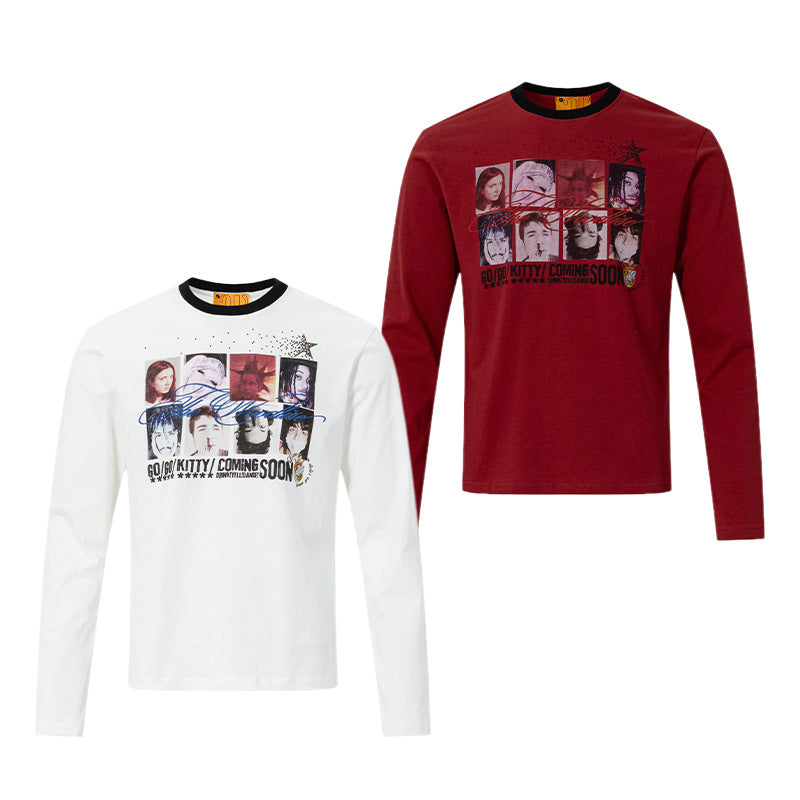 T-shirt graphique à manches longues et col rond – Motif portrait punk, coupe ajustée