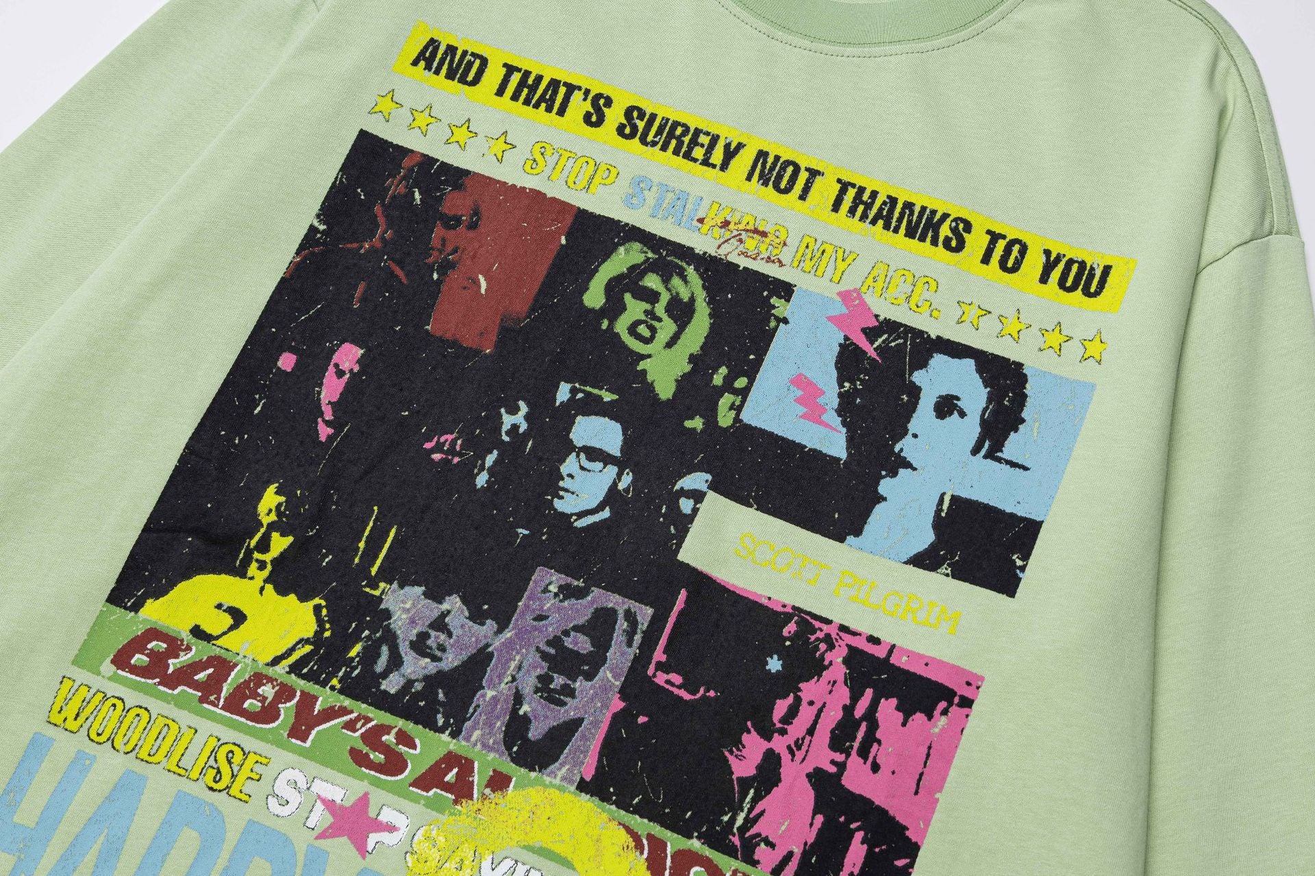 Camiseta gráfica de manga larga – Estampado pop art retro de Scott Pilgrim, cuello redondo streetwear