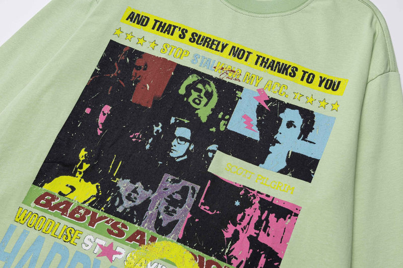 Camiseta gráfica de manga larga – Estampado pop art retro de Scott Pilgrim, cuello redondo streetwear