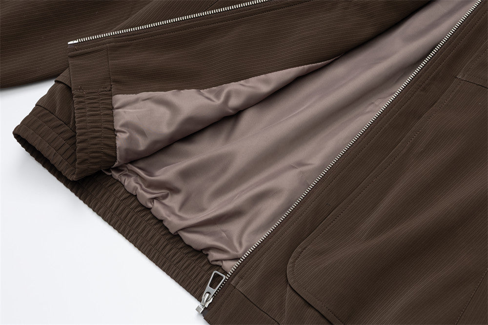 Men's Oversized Stand-Collar Zip Jacket with Cargo Pockets – Brown