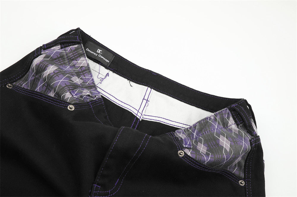 Wide-Leg Jeans with Argyle Patchwork Waistband and Hem Detail