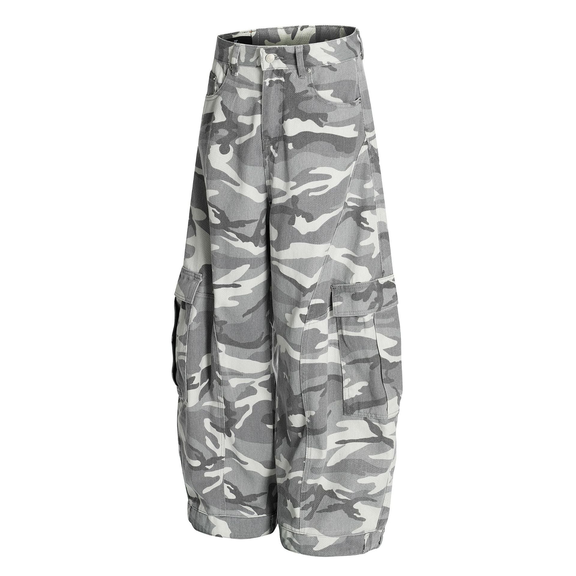 Wide-Leg-Cargohose – Baggy-Fit in Grey-Camo mit mehreren Taschen