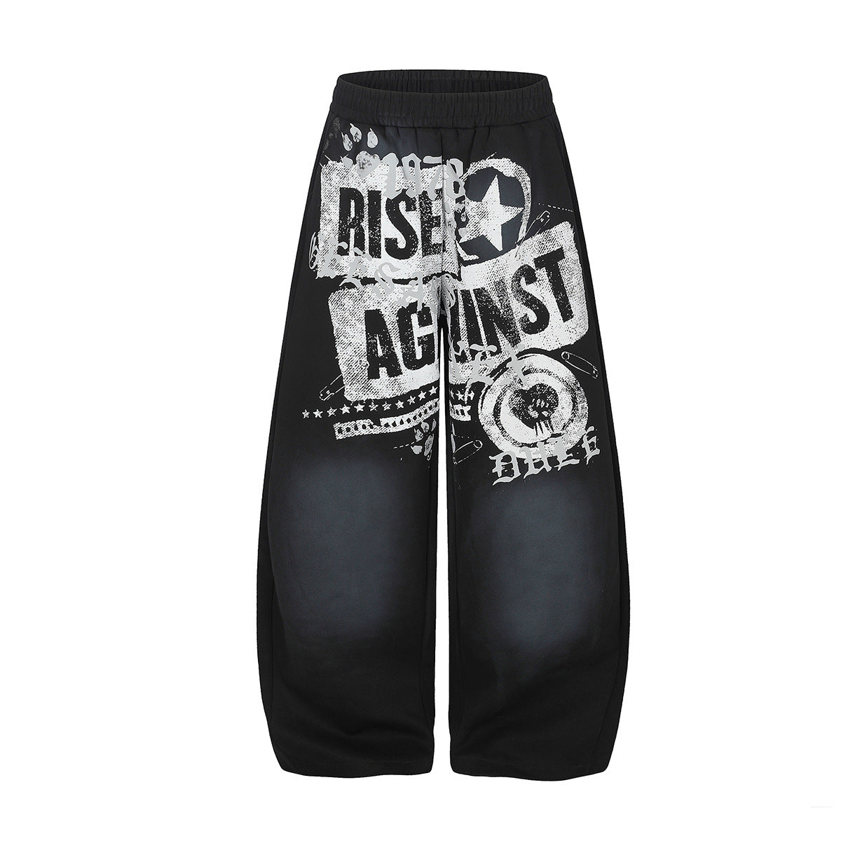 Wide-leg baggy sweatpants with distressed Rise Against graphic print in black colorway, washed streetwear style