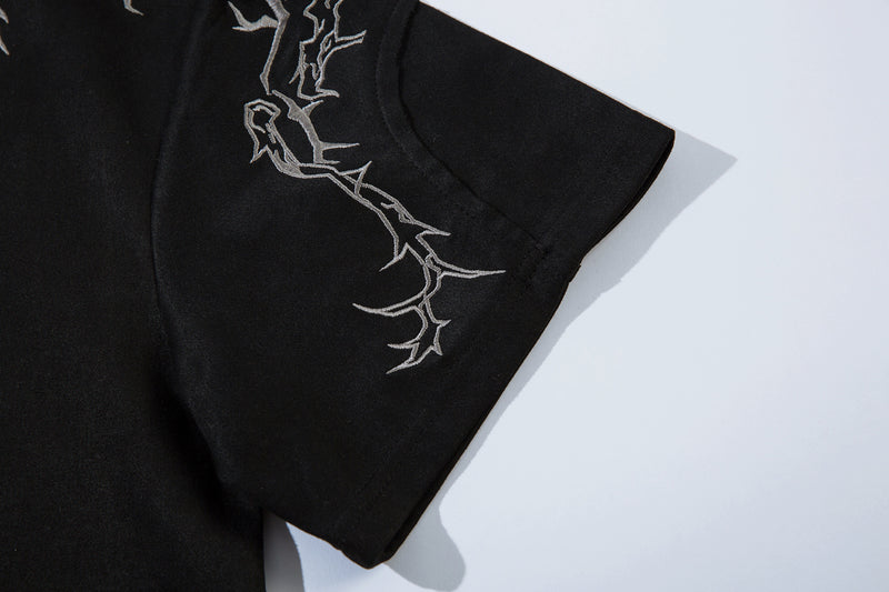 Oversized Gothic-T-Shirt mit Dornenstickerei – Kurzarmshirt im American-Streetwear-Stil