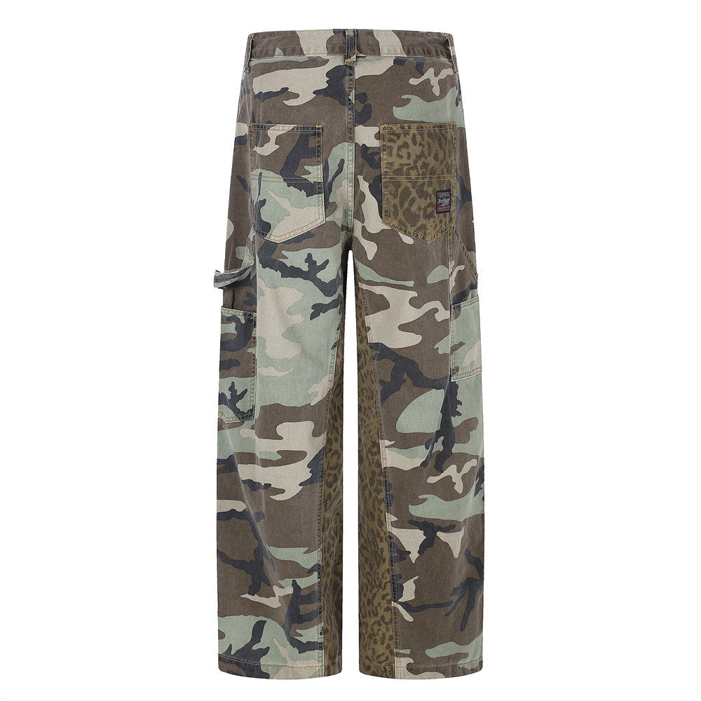 Camo & Leopard Patchwork Wide-Leg Cargo Pants
