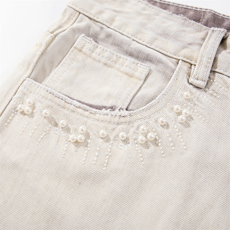 Wide-Leg Jeans – Gradient Tie-Dye Wash with Pearl Bead Embellishments