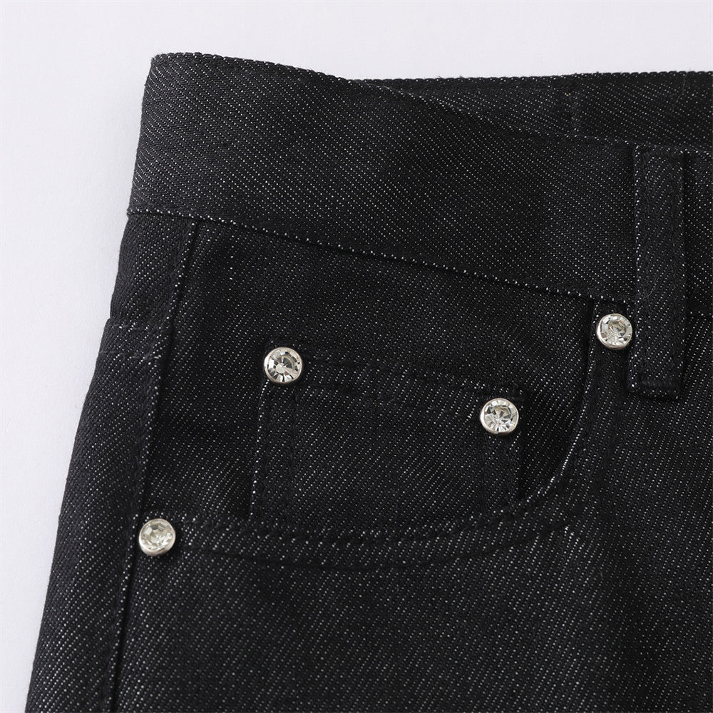 Black Baggy Flare Cargo Jeans – Wide Leg Denim with Rivet & Patch Detail