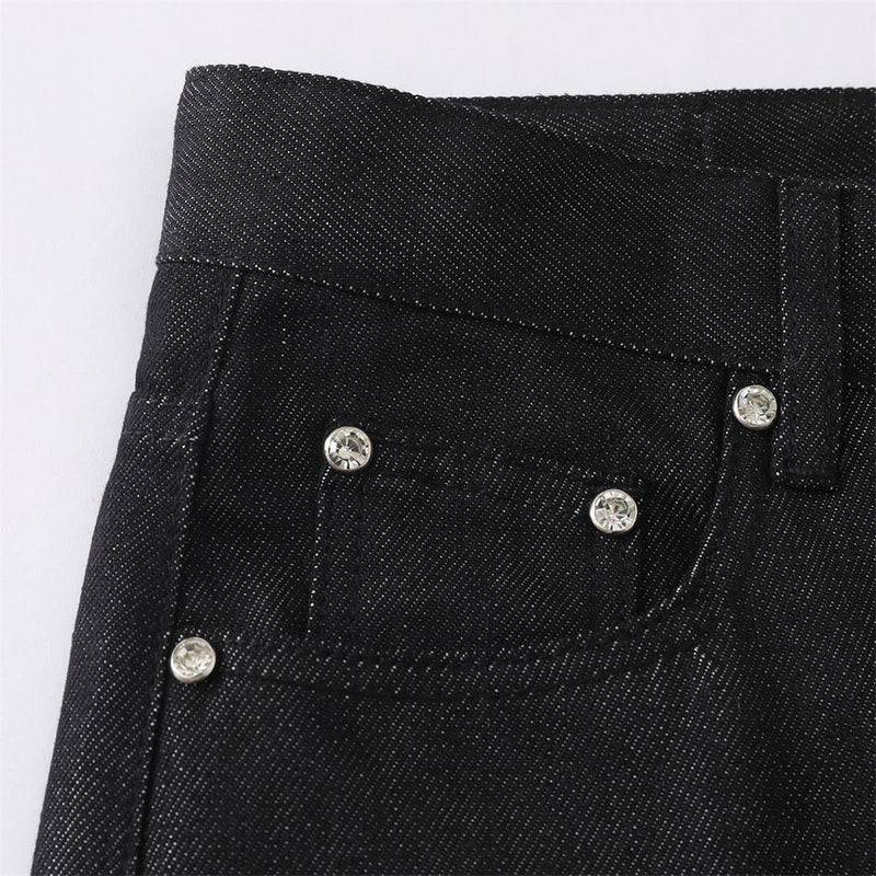 Black Baggy Flare Cargo Jeans – Wide Leg Denim with Rivet & Patch Detail