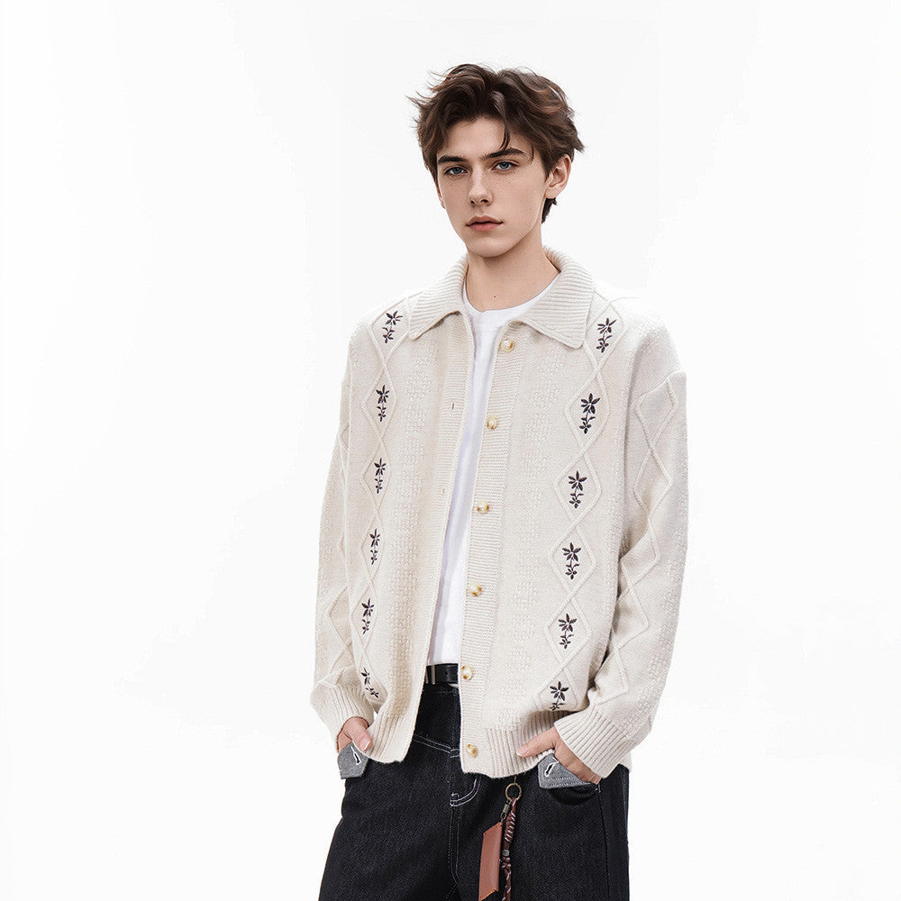 Cardigan en maille brodé de fleurs – Jacquard losanges boutonné