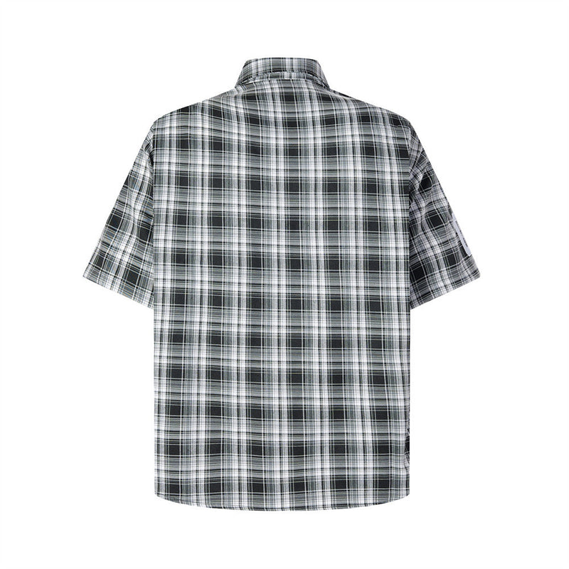 Plaid Short-Sleeve Shirt with Pegasus Embroidery & Studded Lettering