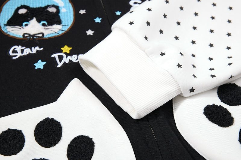 Hoodie zippé à oreilles de chat avec manches raglan étoilées et poches-pattes