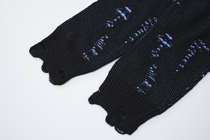 Distressed-Jacquard-Strickpullover mit Rundhalsausschnitt – Oversize-Streetwear