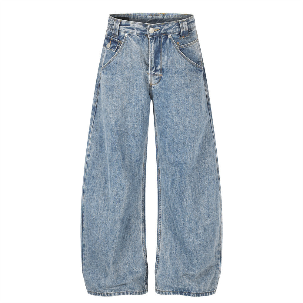 Jean homme baggy à jambes larges, coupe tonneau, en denim bleu clair délavé à l'acide, vue de face et de dos