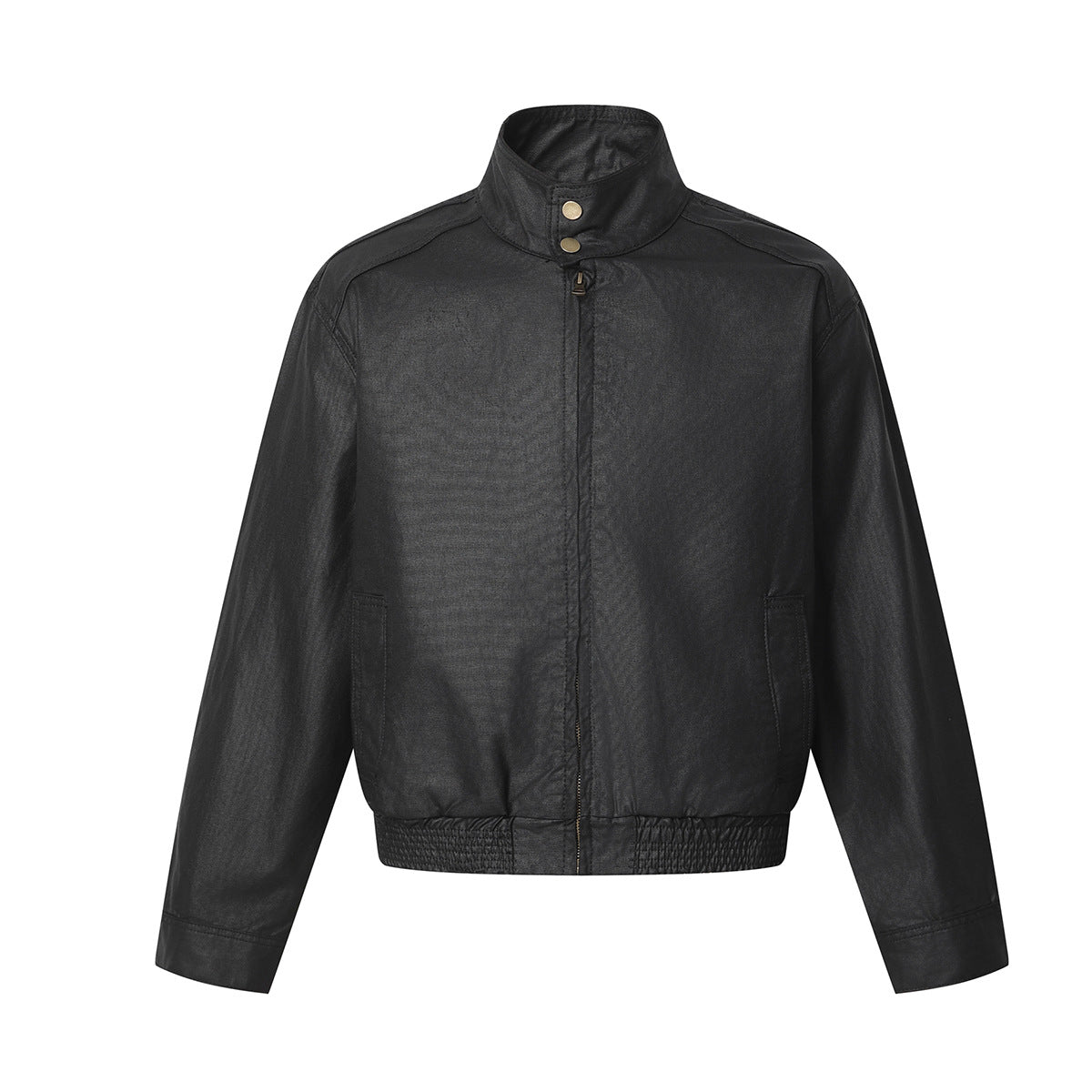 Black wax-coated stand-collar bomber jacket with ribbed hem and antique brass snap buttons, front and back view