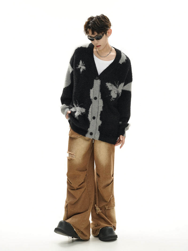 Gilet cardigan en maille jacquard papillon – Col V oversize, maille couple