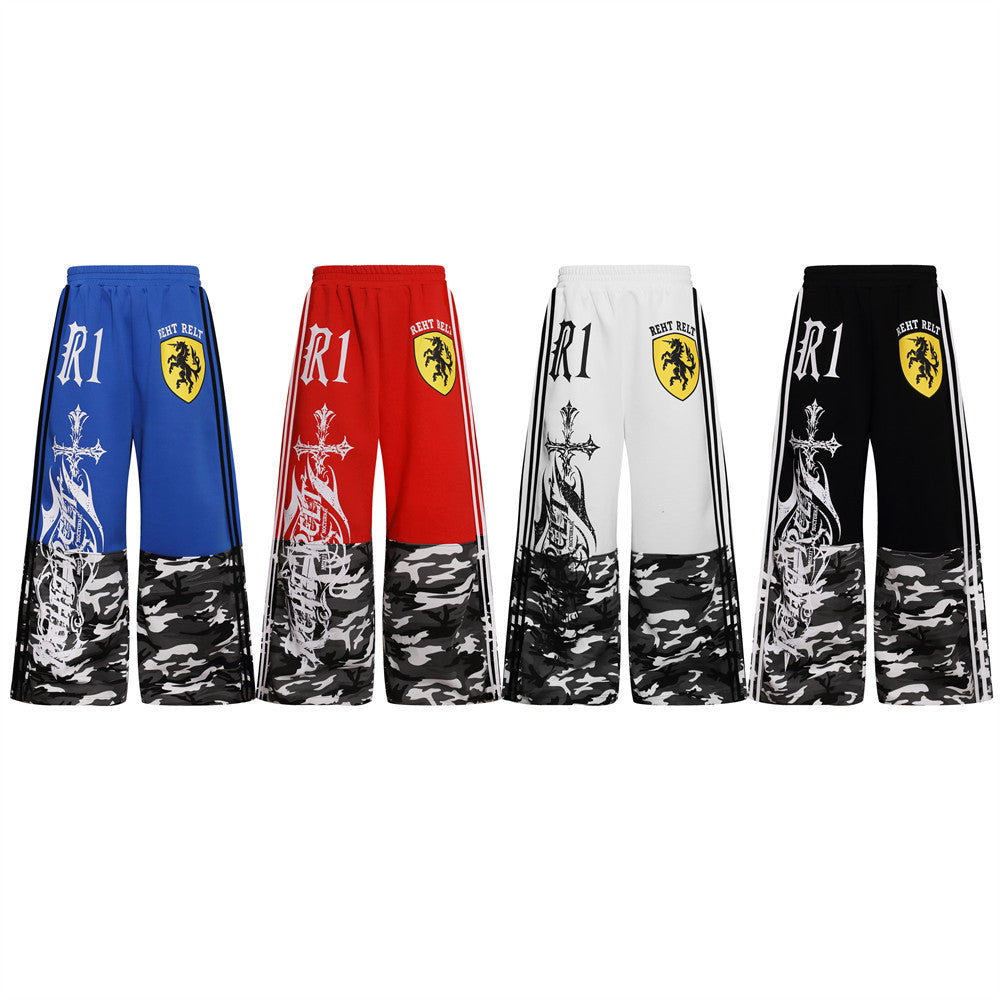 Men's Wide-Leg Track Pants with Camo Print, Cross Graphic & Side Stripes