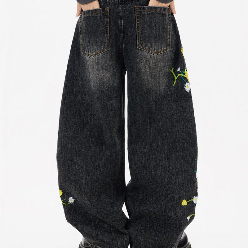 Floral Embroidered Wide-Leg Jeans – Men's Barrel Fit Washed Denim