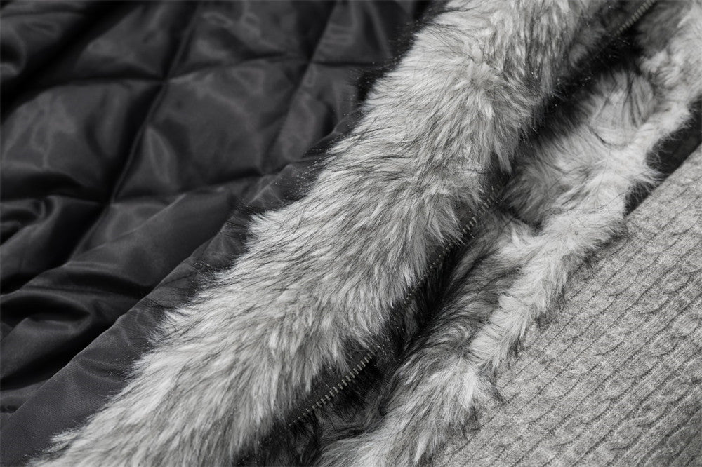 Men's Faux Fur Collar Double-Layer Knit Bomber Jacket