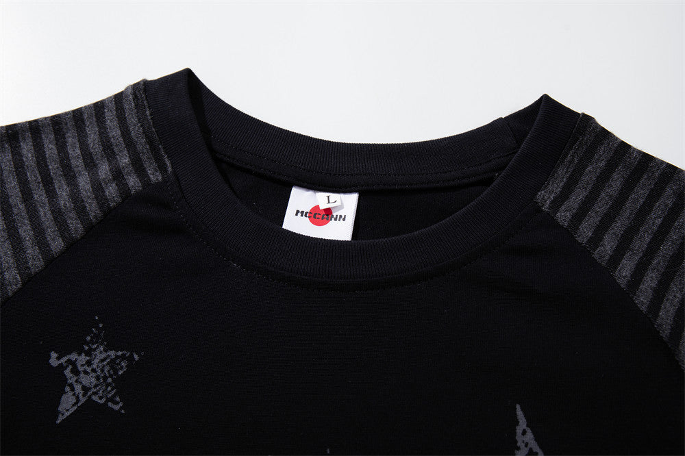 Star Print Raglan Long Sleeve Shirt – Striped Sleeve Colorblock Tee