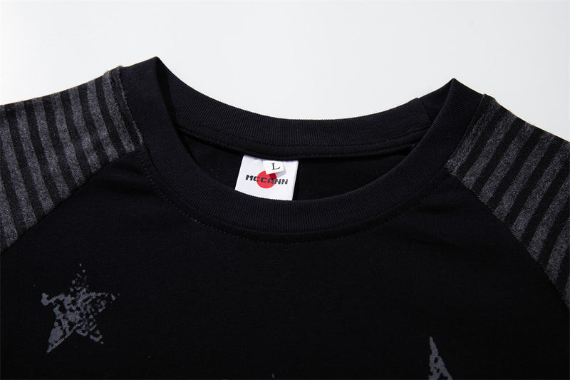 Star Print Raglan Long Sleeve Shirt – Striped Sleeve Colorblock Tee