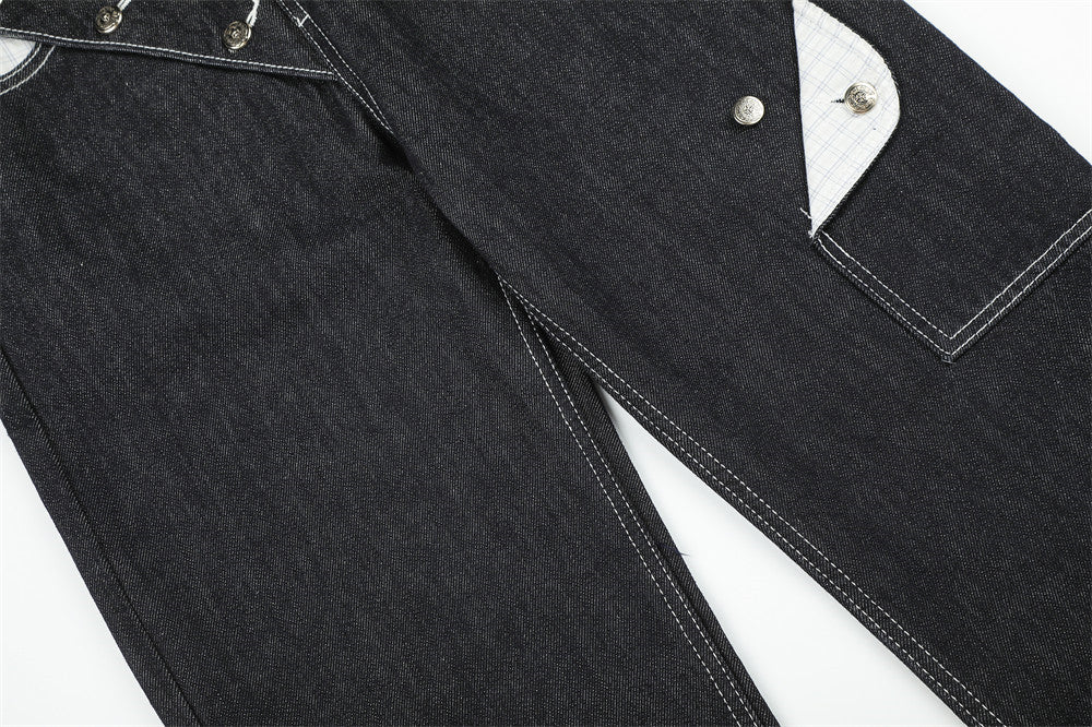 Herren Straight-Fit-Jeans – Wide-Leg-Rohdenim mit diagonalem Knopfverschluss und Karomuster
