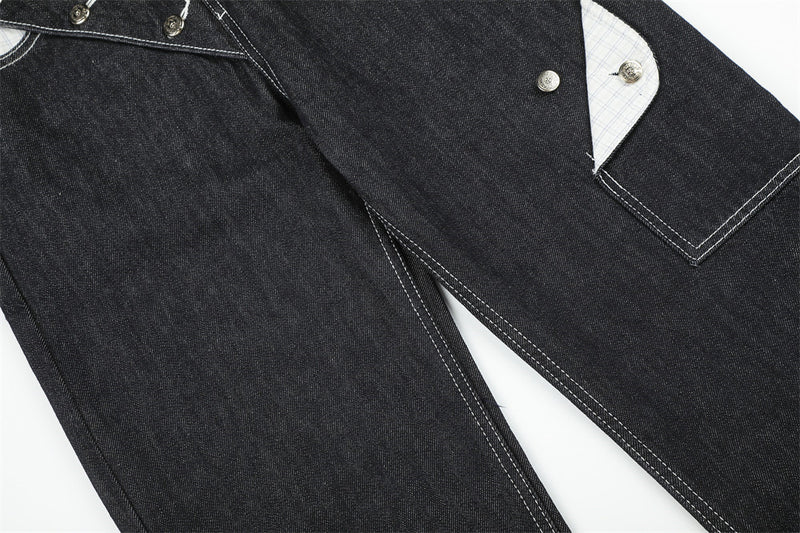Herren Straight-Fit-Jeans – Wide-Leg-Rohdenim mit diagonalem Knopfverschluss und Karomuster