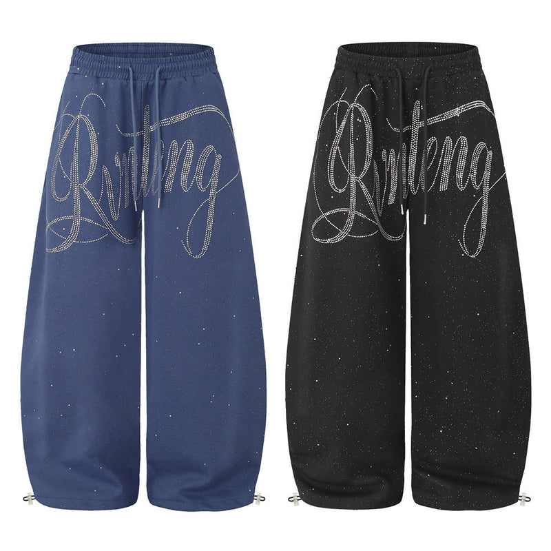 Men's Wide-Leg Sweatpants with Rhinestone Script & Glitter Fabric