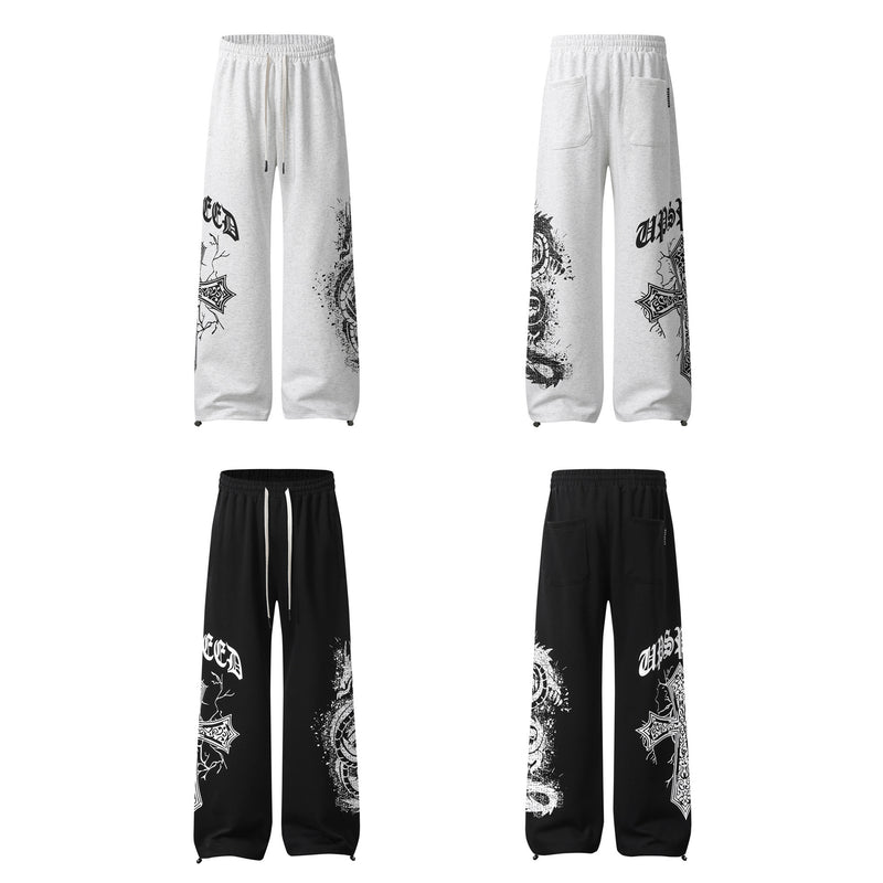 Pantalon de survêtement à jambes larges avec graphisme croix gothique – Jogger droit en molleton