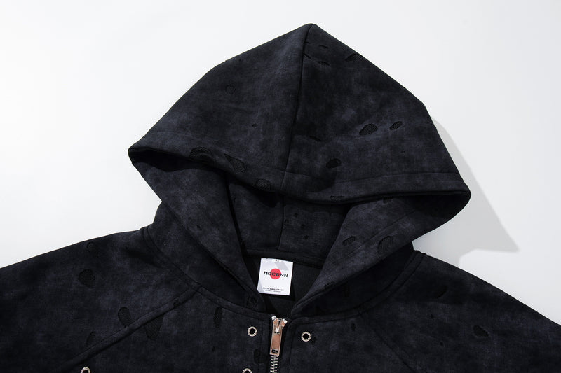 Light Zip-Up Hoodie Distressed Acid-Washed Black Cropped Jacket