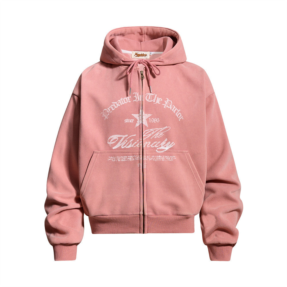 Oversized punk vintage graphic zip-up hoodie with distressed script print in dusty pink and washed black